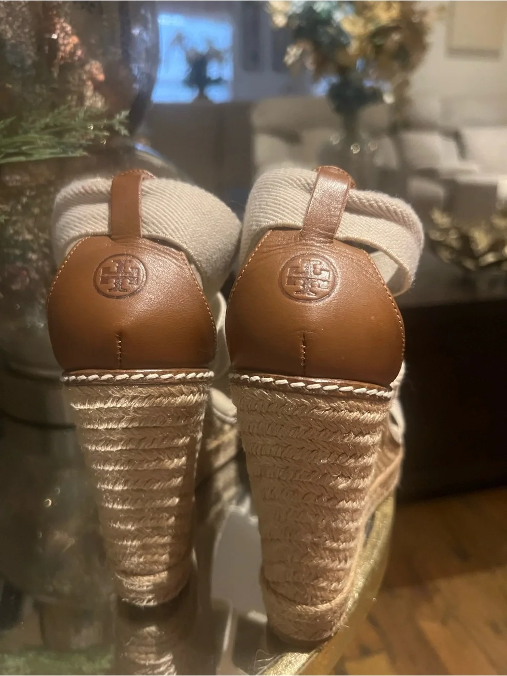 Tory Burch Tan Leather & Canvas Espadrille Wedges